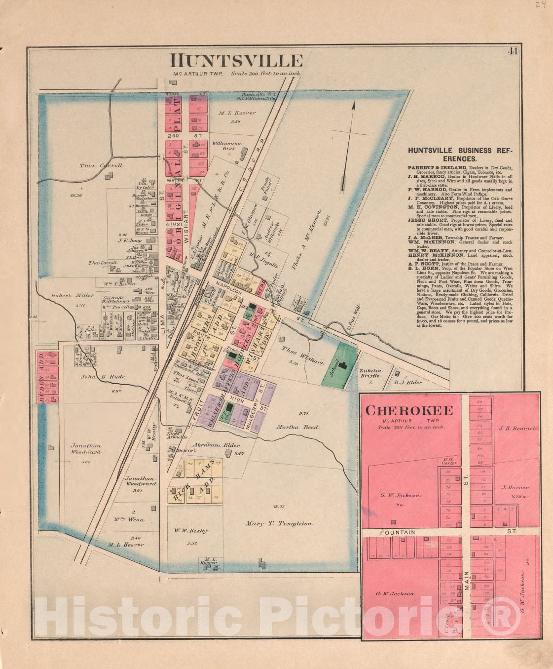 Historic 1890 Map - Atlas of Logan County, Ohio - Huntsville, Cherokee