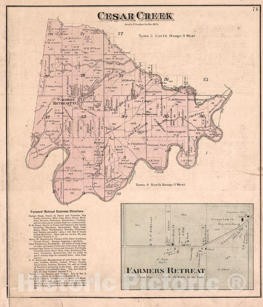 Historic 1875 Map - Atlas of Dearborn County, Indiana - Cesar Creek and Farmers Retreat