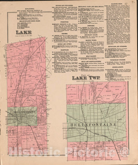 Historic 1890 Map - Atlas of Logan County, Ohio - Lake