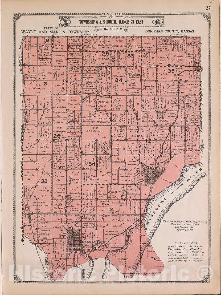 Historic 1927 Map - Atlas of Doniphan County, Kansas - Township 4 and 5 South- Range 21 East - Atlas of Doniphan County and The World