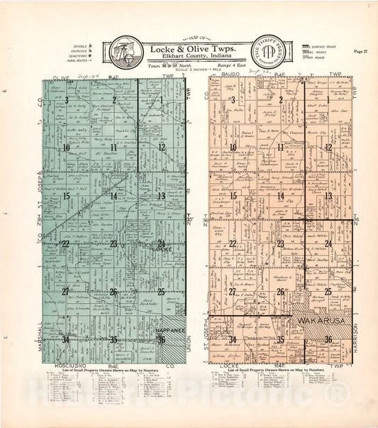 Historic 1929 Map - Atlas and plat Book of Elkhart County, Indiana - Map of Locke & Olive Twps. Elkhart County, Indiana