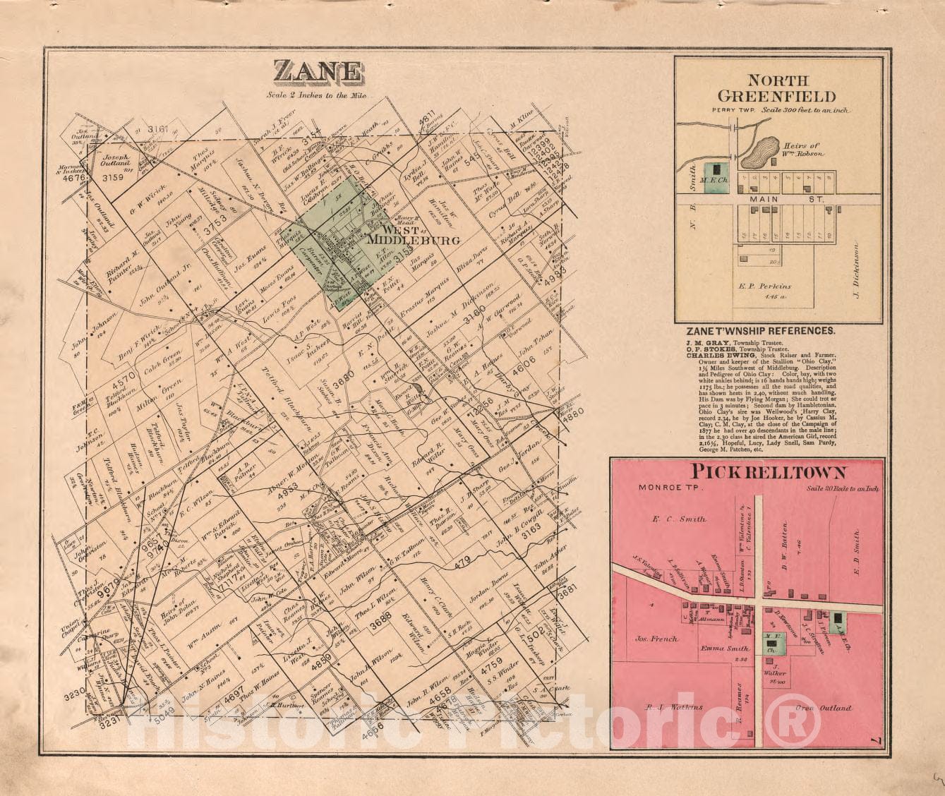 Historic 1890 Map - Atlas of Logan County, Ohio - Zane, PickRellTown, North Greenfield