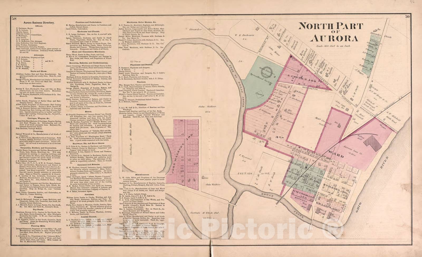 Historic 1875 Map - Atlas of Dearborn County, Indiana - North Part of Aurora