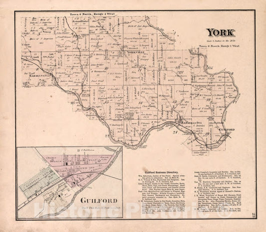 Historic 1875 Map - Atlas of Dearborn County, Indiana - York and Guilford