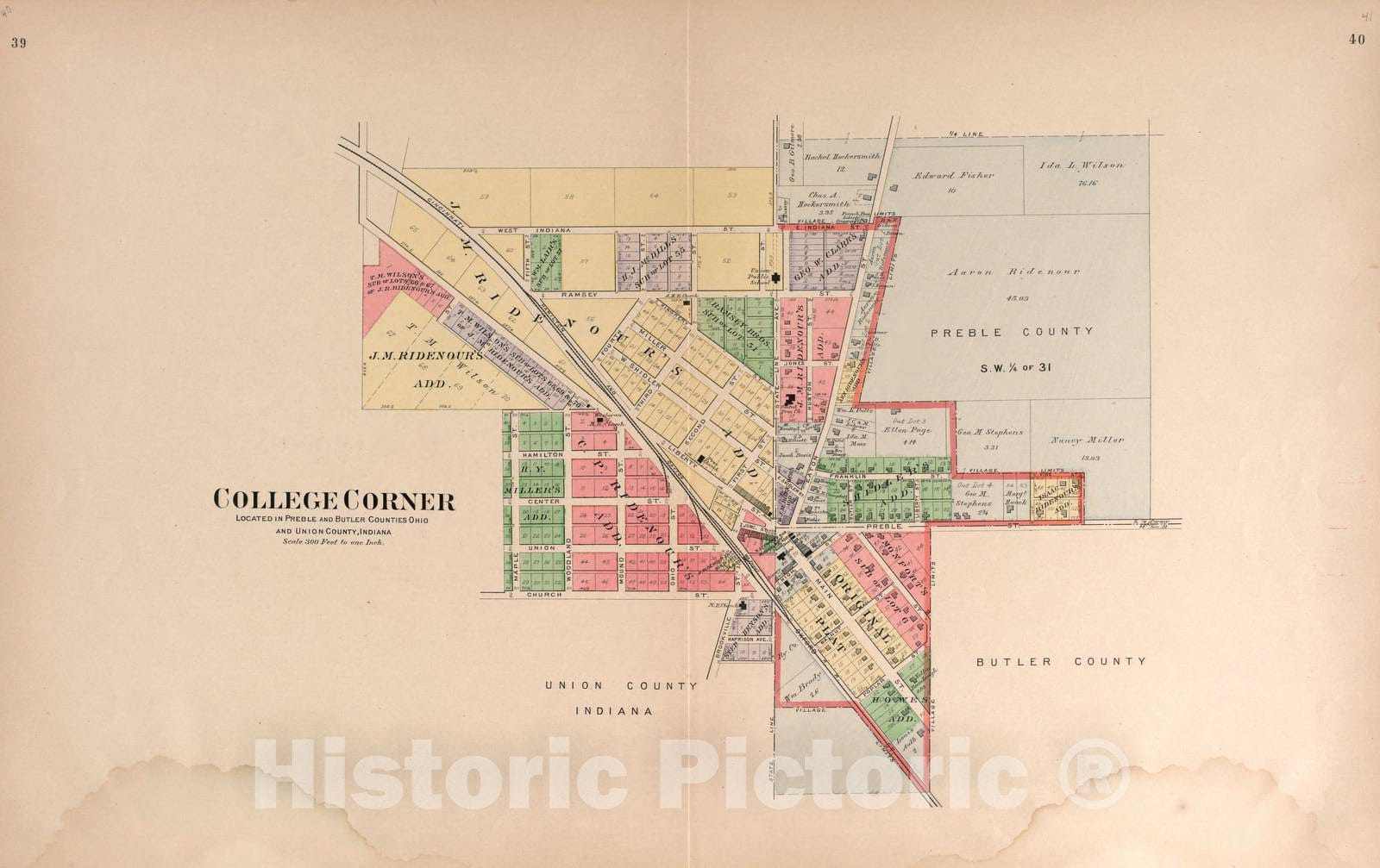 Historic 1912 Map - Plat Book of Preble County, Ohio - College Corner