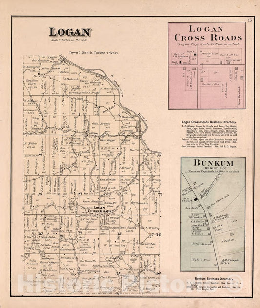 Historic 1875 Map - Atlas of Dearborn County, Indiana - Logan and Bunkum