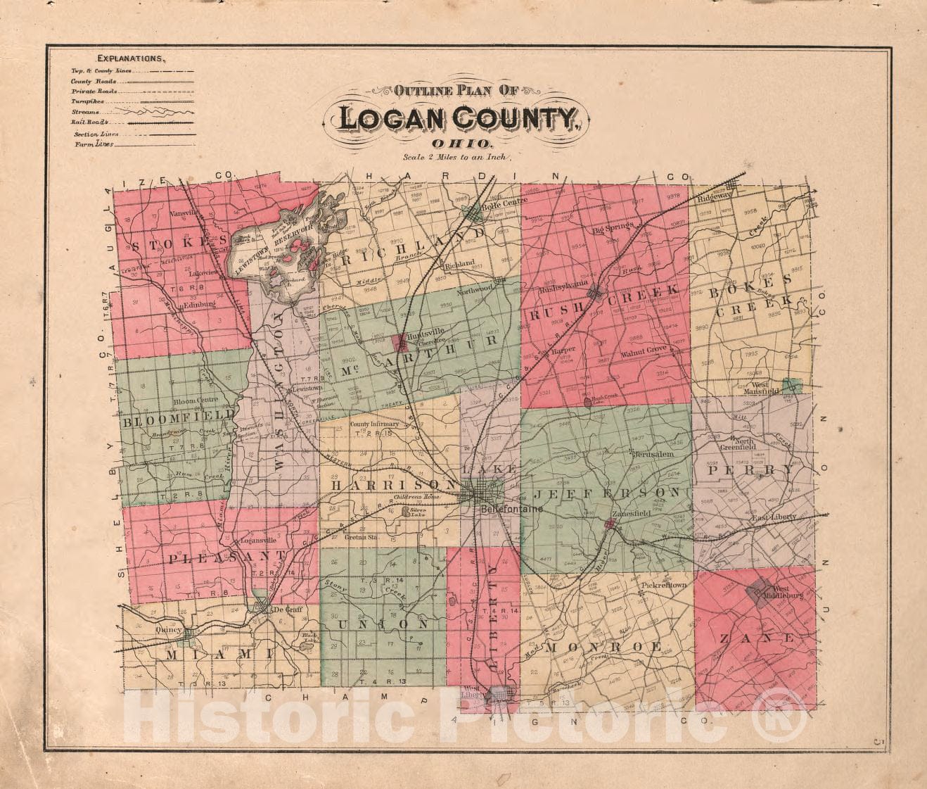 Historic 1890 Map - Atlas of Logan County, Ohio - Outline Map of Logan County