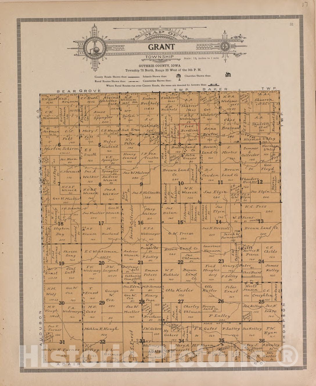 Historic 1917 Map - Atlas and plat Book of Guthrie County, Iowa - Grant - Standard Atlas of Guthrie County, Iowa