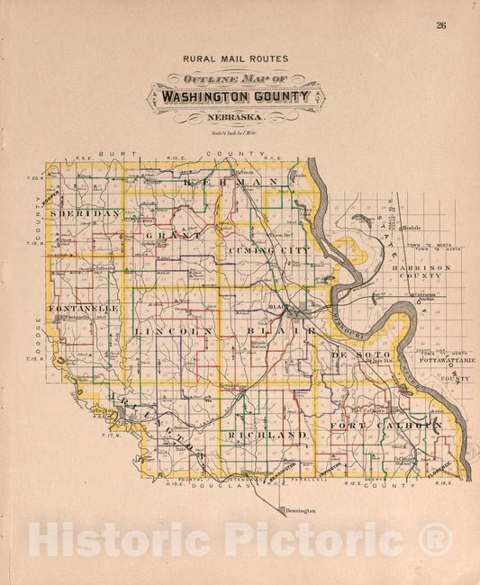 Historic 1908 Map - Plat Book of Washington County, Nebraska - Rural Mail Routes Map of Washington County