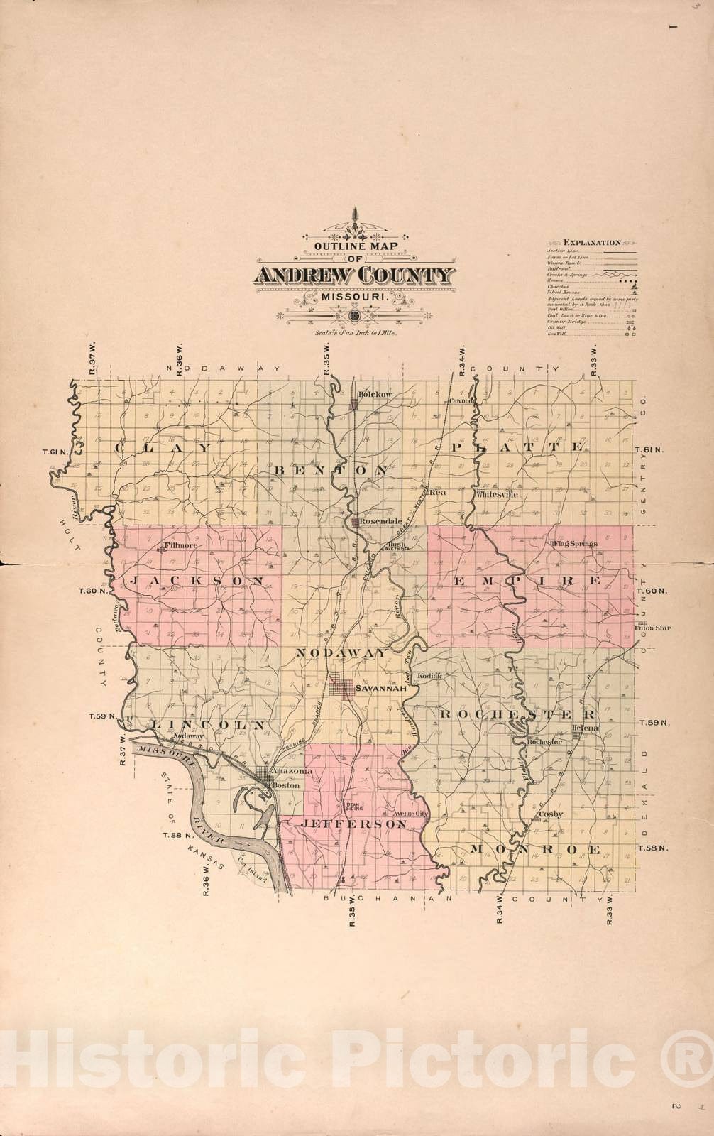 Historic 1909 Map - Plat Book of Andrew County, Missouri - Outline Map of Andrew County