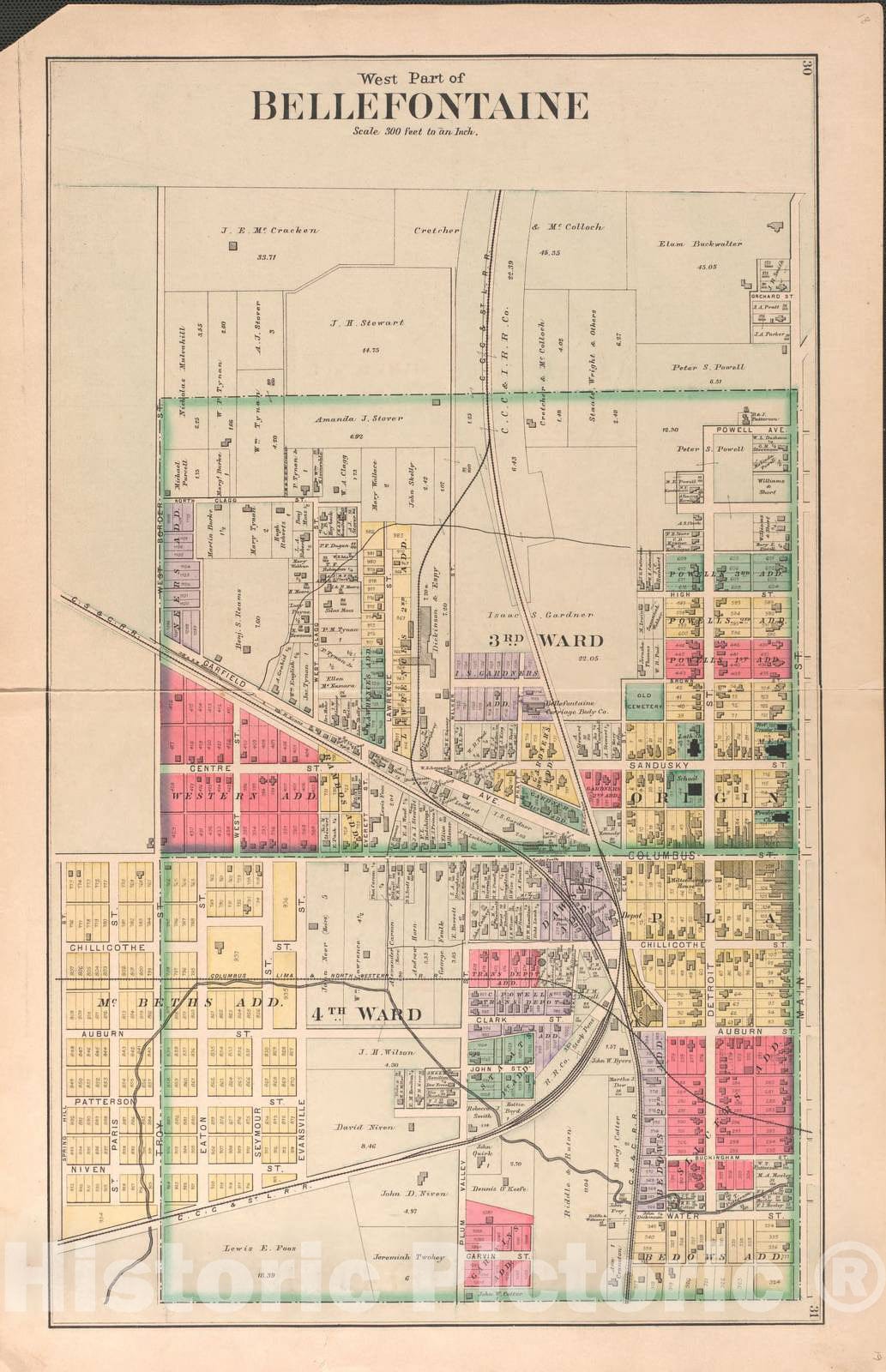 Historic 1890 Map - Atlas of Logan County, Ohio - Bellefontaine- West Part