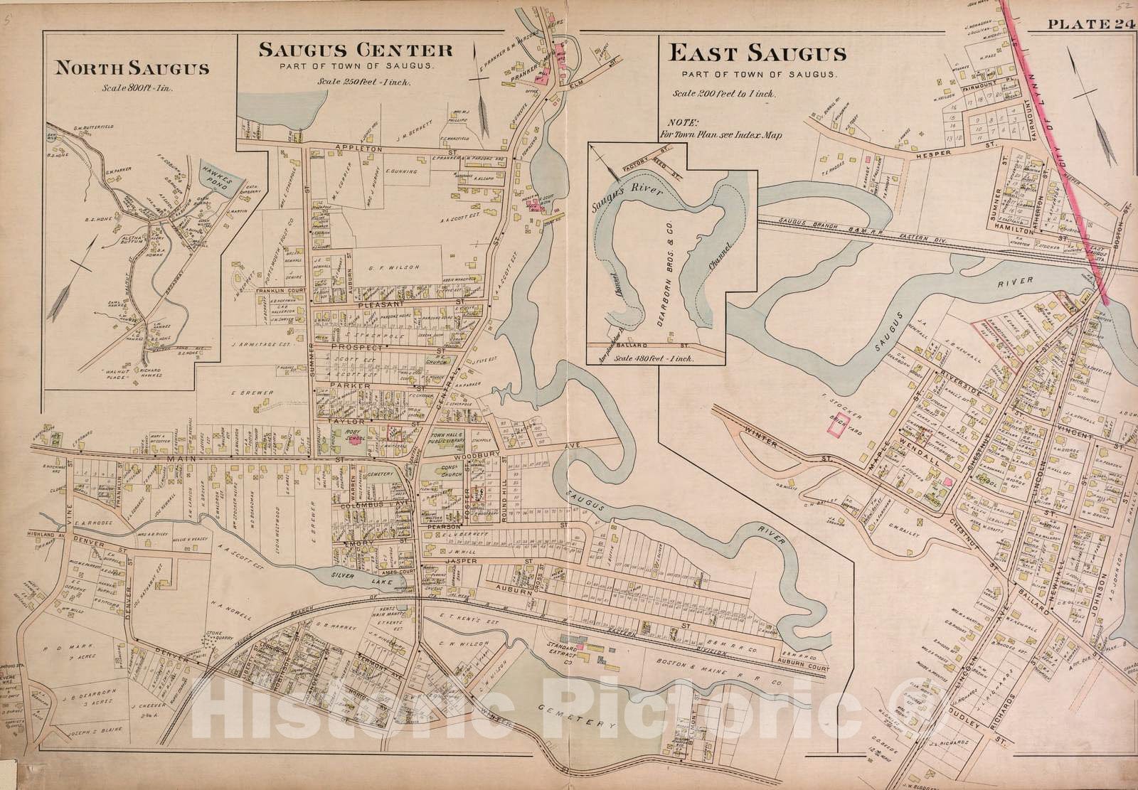 Historic 1924 Map - Richards Standard Atlas of The Massachusetts - Saugus - Atlas of The City of Lynn, Swampscott, Saugus and Nahant, Mass.