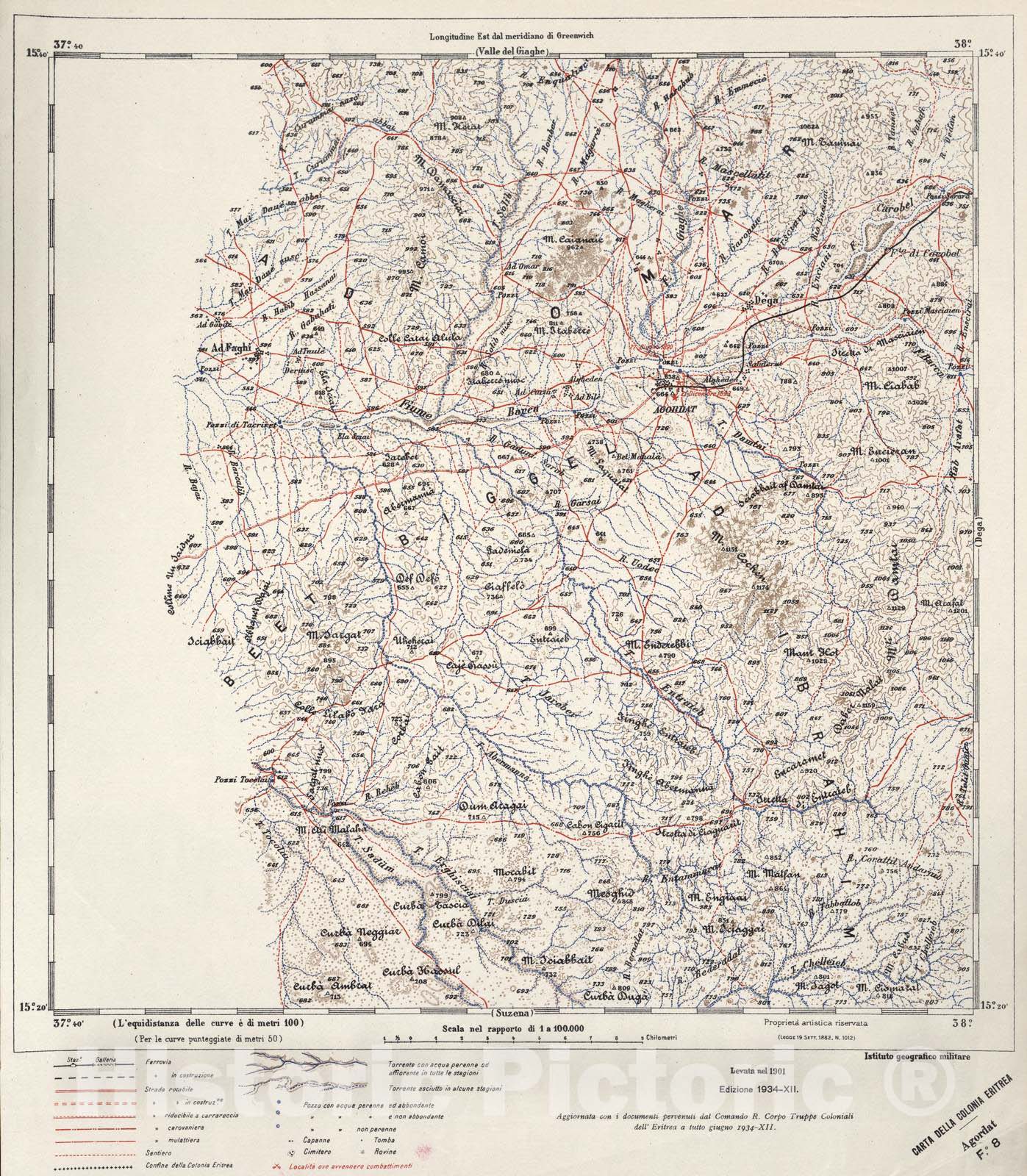 Historic 1909 Map - Carta topografica Della Colonia Eritrea alla Scala di 1:100,000. - Asmara - F.11 - ed. 1934 - XII - Carta Della Colonia Eritrea