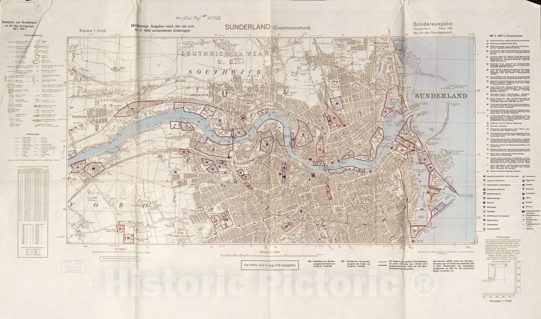 Historic 1941 Map - MilitÃ¤rgeographische Einzelangaben Ã¼ber England - Stadtplan South Shields (Zusammendruck) - Sonderausgabe Stand: 1940 - England 1:10 000