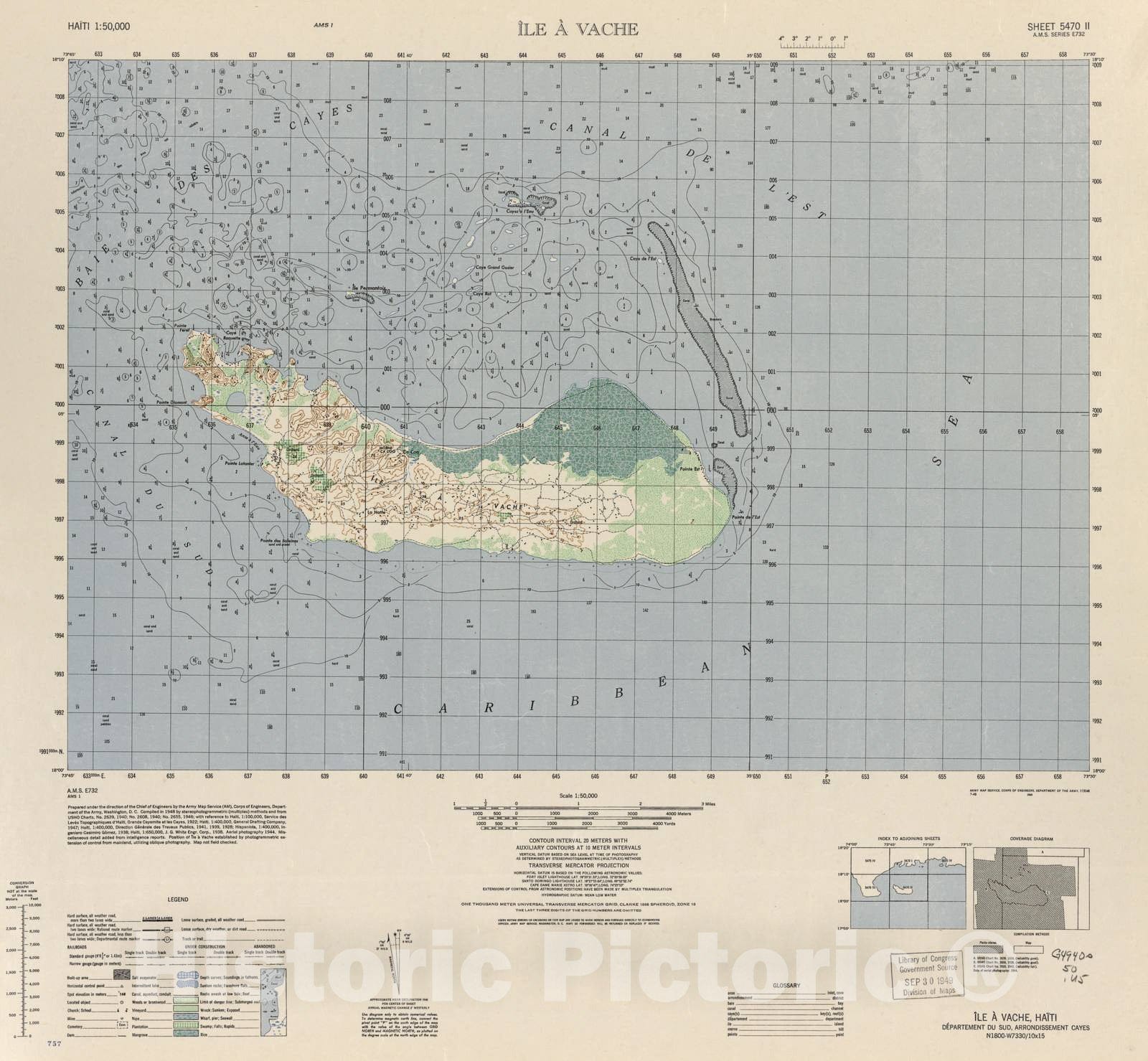 Historic 1948 Map - Haiti 1:50,000. - ILE A Vache, Sheet 5470 II - 1 ed.