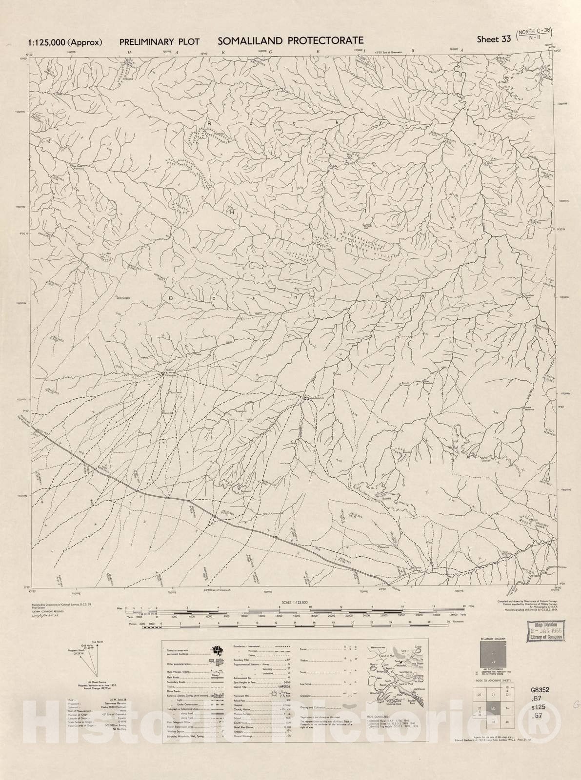 Historic 1952 Map - Somaliland Protectorate, 1:125,000 (Approx) - Somaliland Protectorate, Sheet 32 & 34 (Part of)