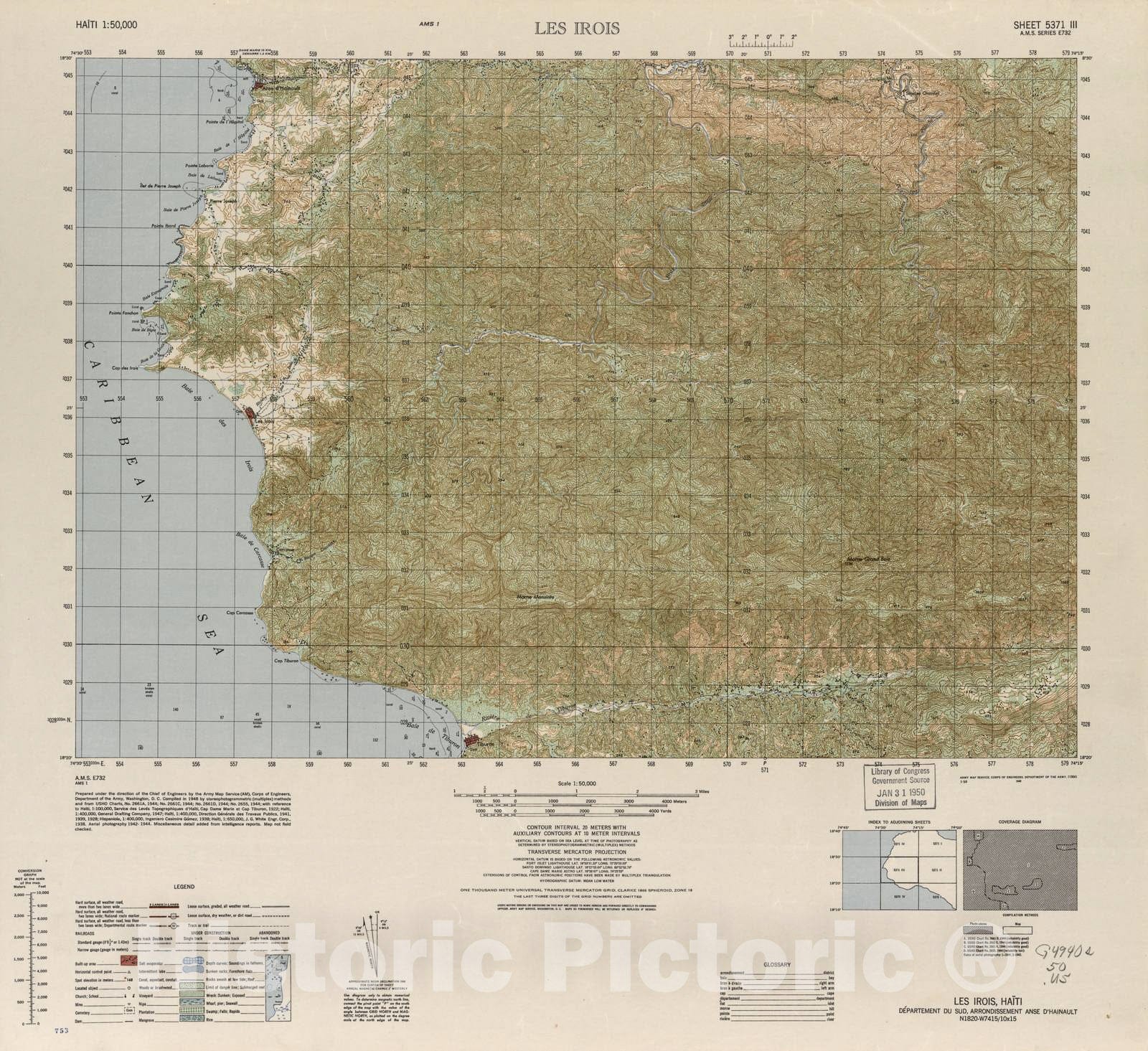 Historic 1948 Map - Haiti 1:50,000. - Les Irois, Sheet 5371 III - 1 ed.