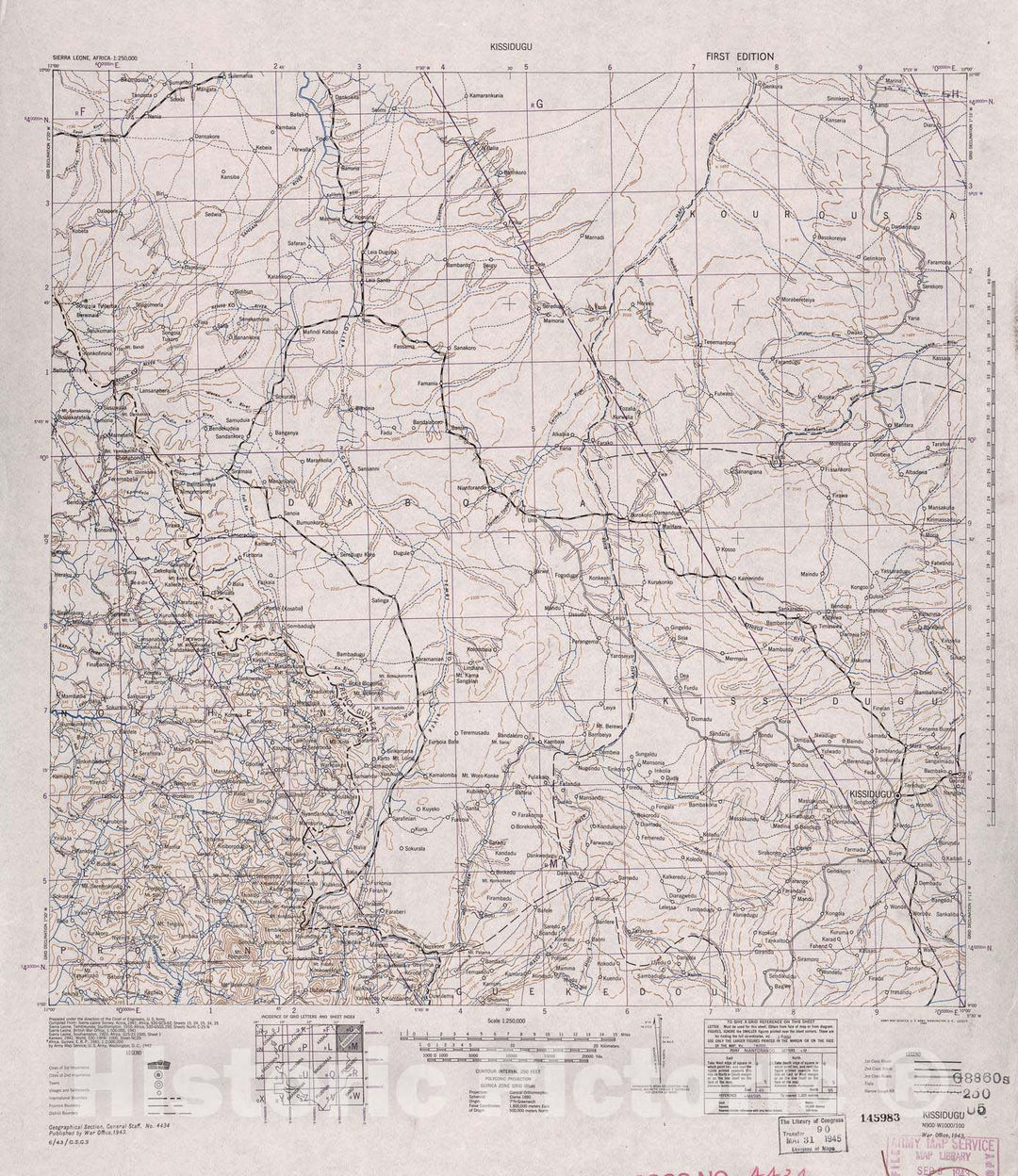 Historic 1942 Map - Sierra Leone, Africa - 1:250,000 - Kissidugu - 1st ed.