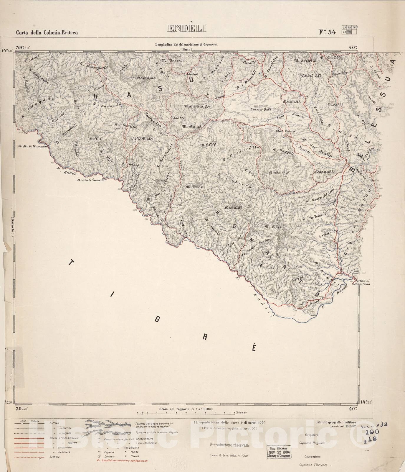 Historic 1889 Map - Carta Della Colonia Eritrea. - Endeli - F.34-1882