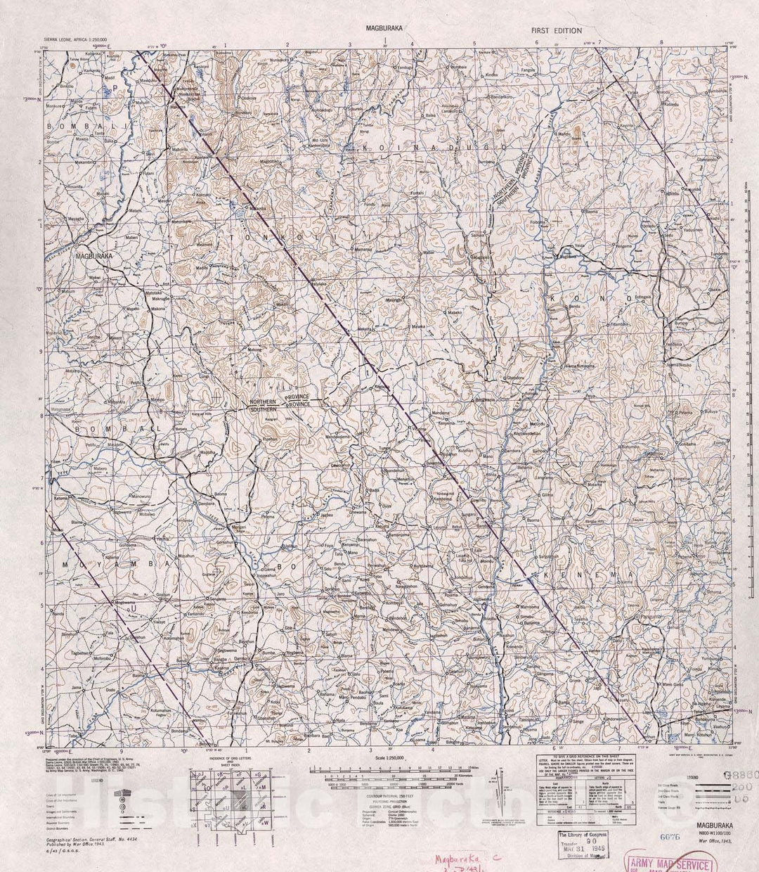 Historic 1942 Map - Sierra Leone, Africa - 1:250,000 - Magburaka - 1st ed.