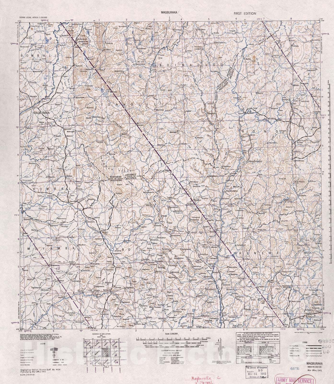 Historic 1942 Map - Sierra Leone, Africa - 1:250,000 - Magburaka - 1st ed.