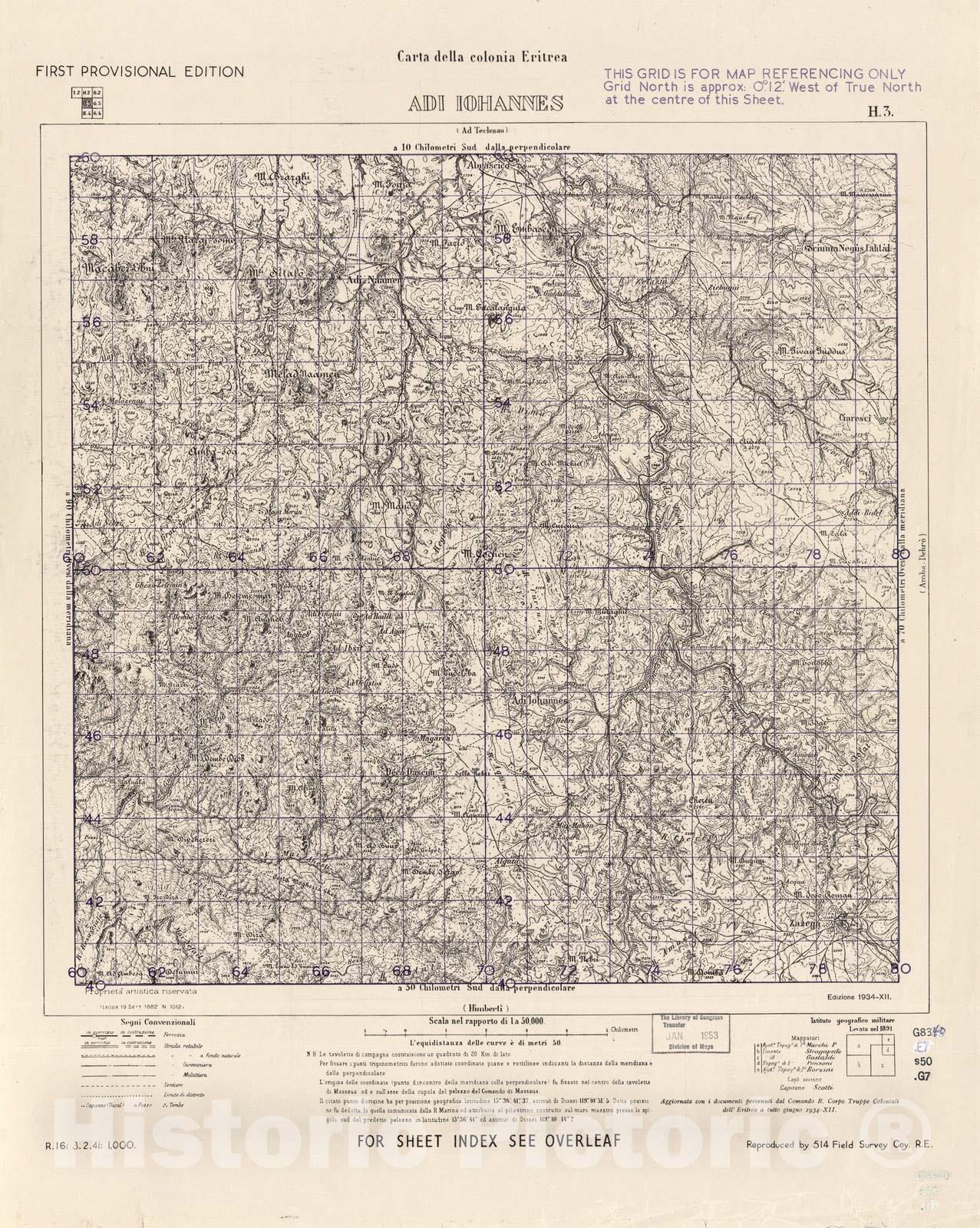Historic 1941 Map - Carta Della Colonia Eritrea - Adi Iohannes