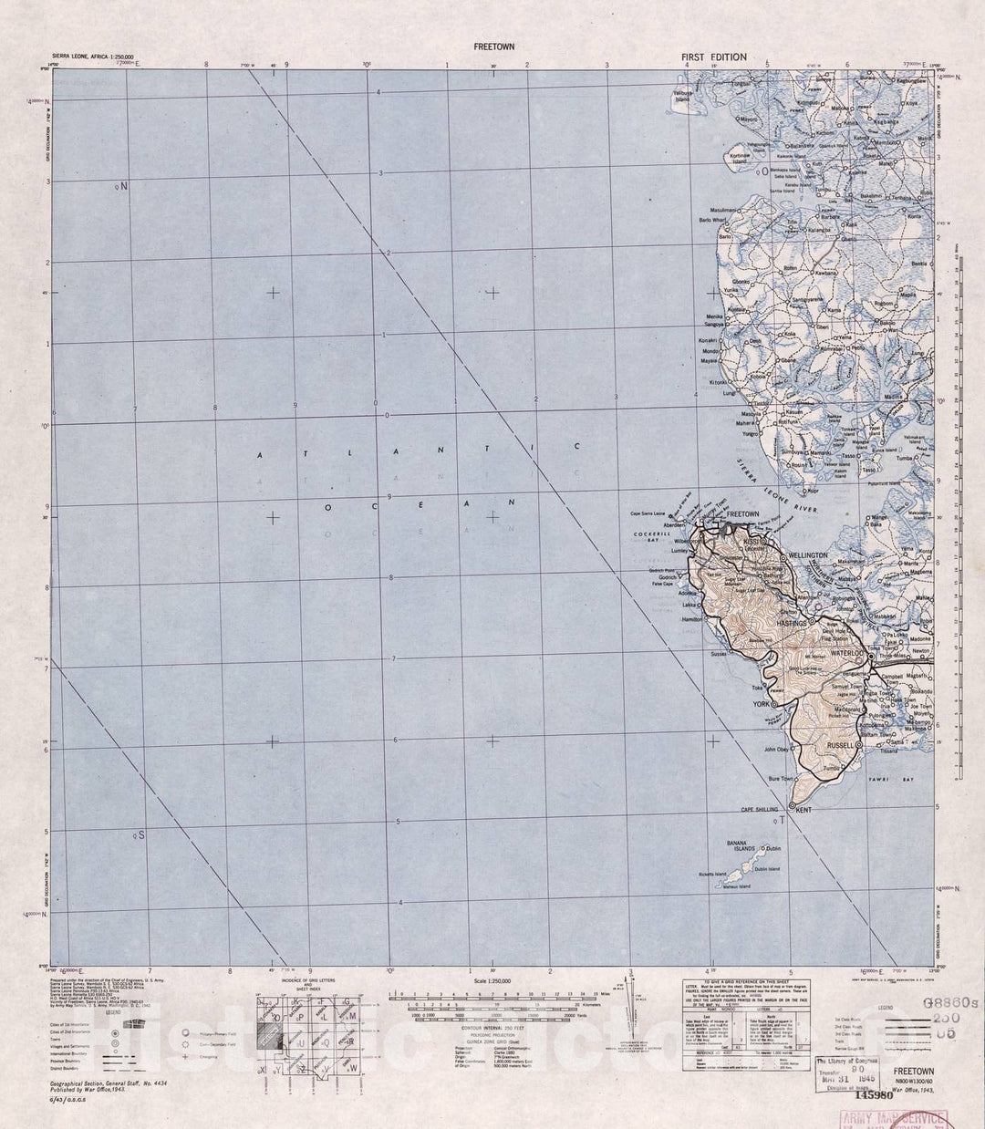 Historic 1942 Map - Sierra Leone, Africa - 1:250,000 - Freetown - 1st ed.