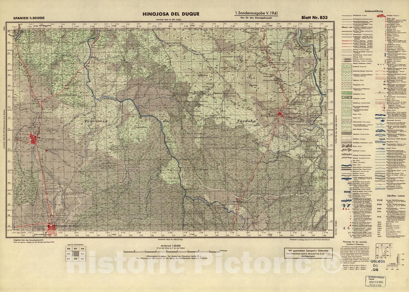 Historic 1940 Map - Spanien 1:50 000 - Hinojosa del Duque, 1. Sonderausgabe V