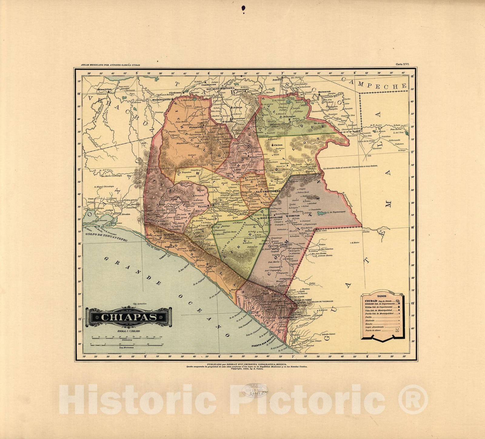 Historic 1884 Map - Atlas Mexicano. - Chiapas