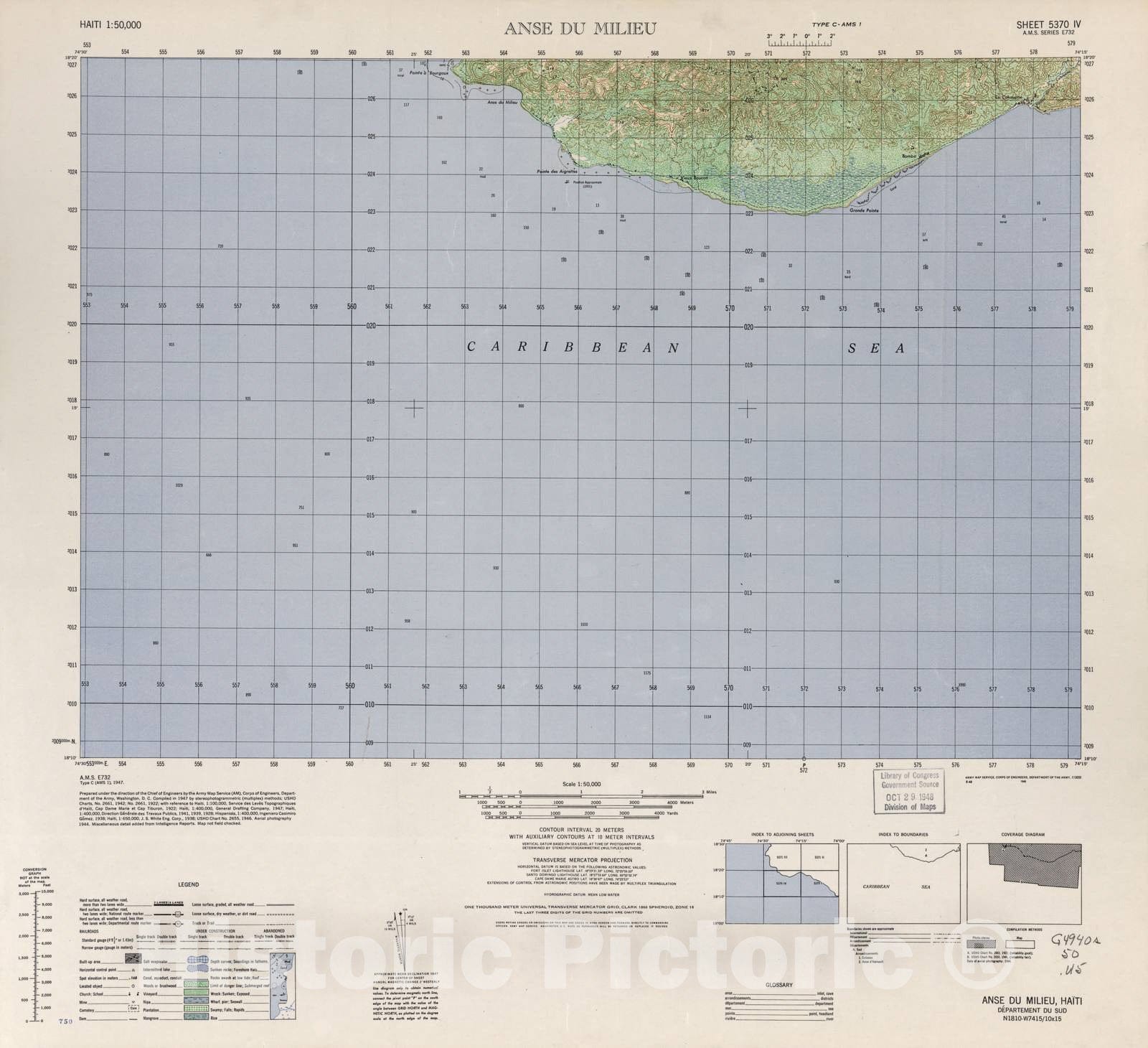 Historic 1948 Map - Haiti 1:50,000. - ANSE Du Milieu, Sheet 5370 IV