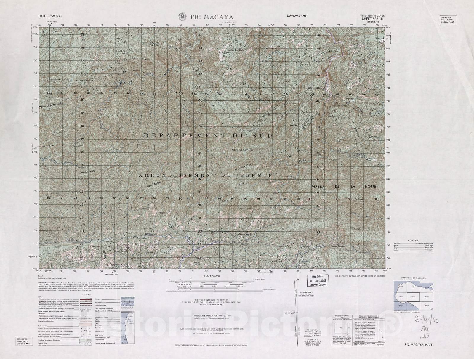 Historic 1948 Map - Haiti 1:50,000. - Pic Macaya, Sheet 5371 II - 2 ed.
