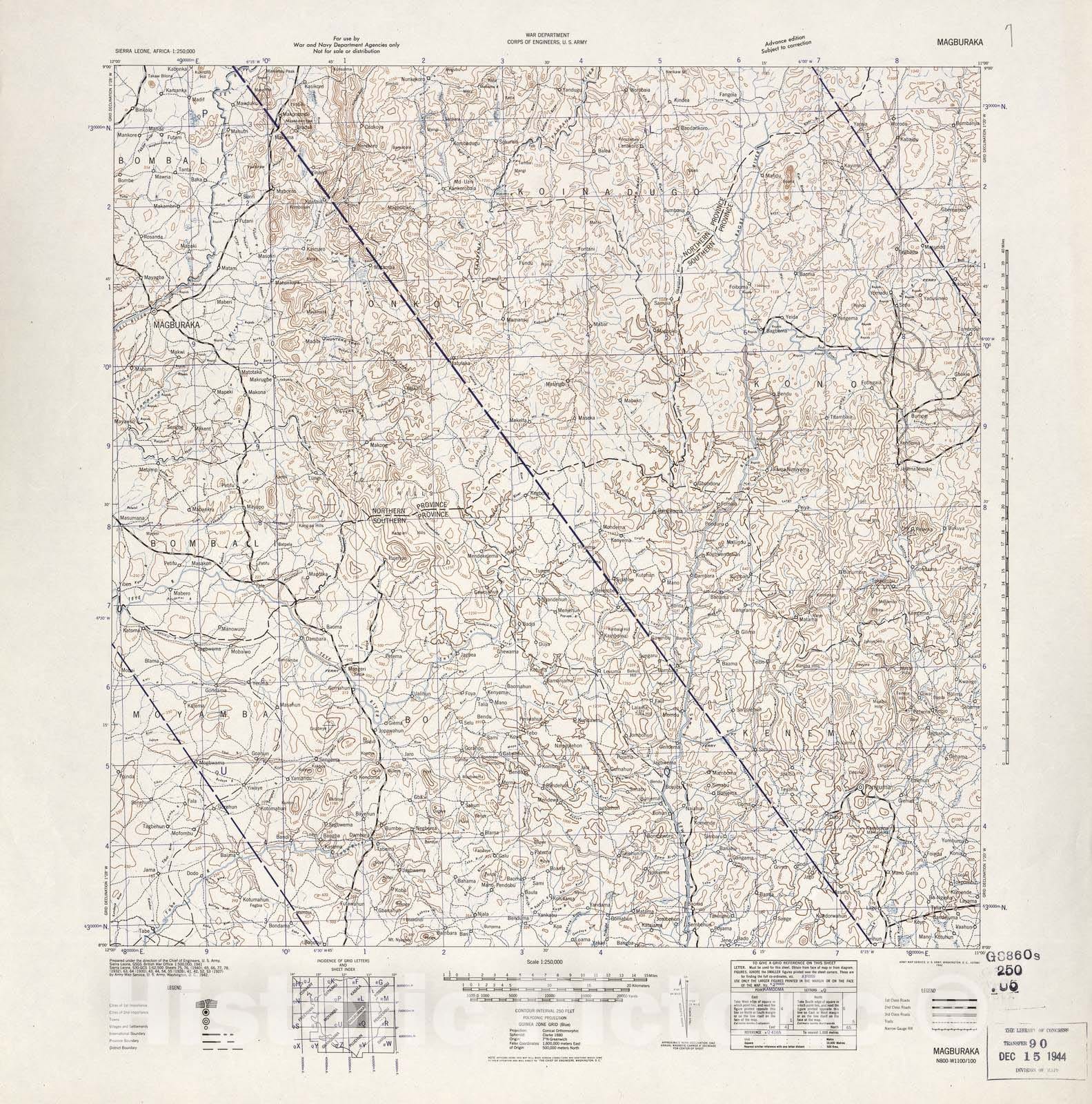 Historic 1942 Map - Sierra Leone, Africa - 1:250,000 - Magburaka - Adv. ed.