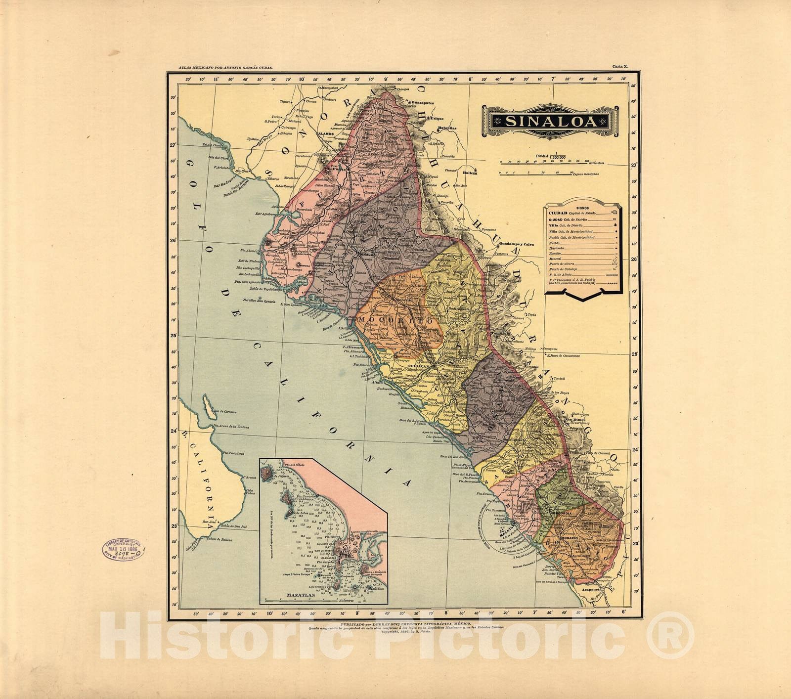 Historic 1884 Map - Atlas Mexicano. - Sinaloa