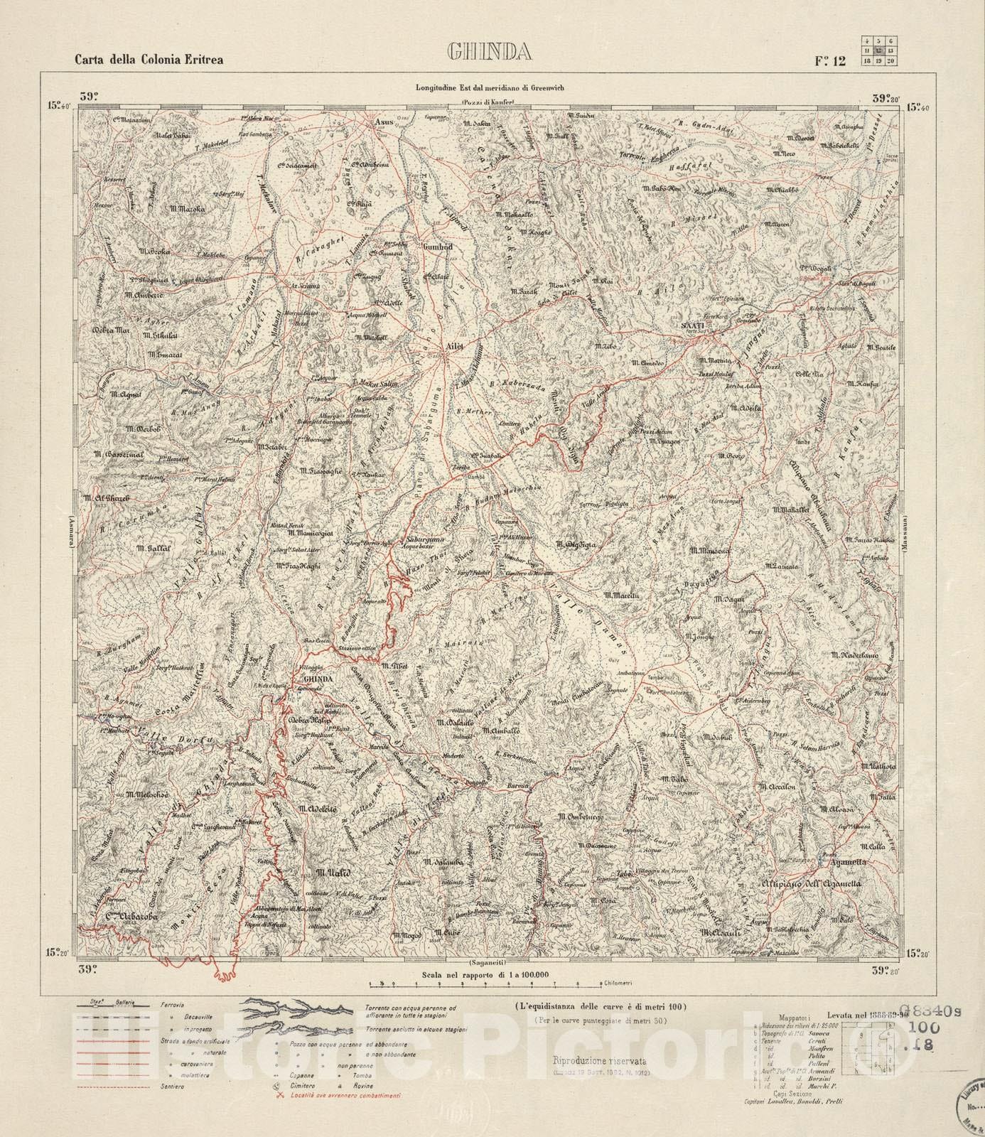 Historic 1889 Map - Carta Della Colonia Eritrea. - Ghinda - F.12-1882