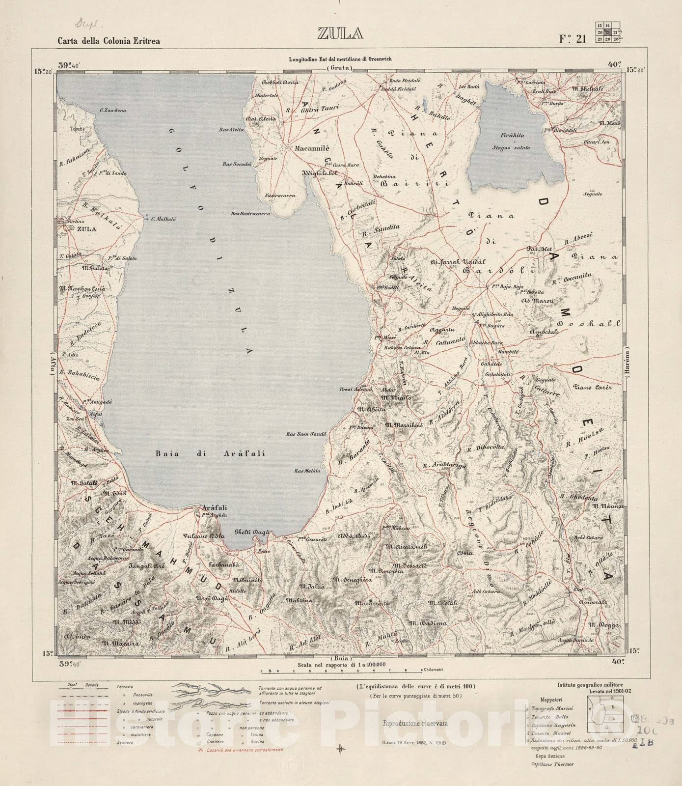 Historic 1889 Map - Carta Della Colonia Eritrea. - Zula - F.21-1890