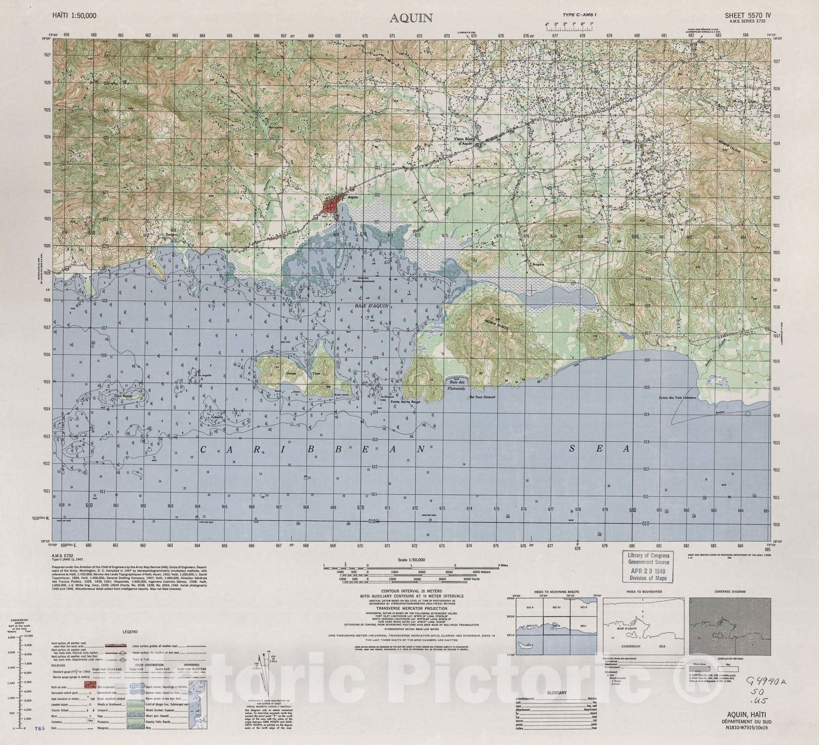 Historic 1948 Map - Haiti 1:50,000. - Aquin, Sheet 5570 IV - 1 ed.