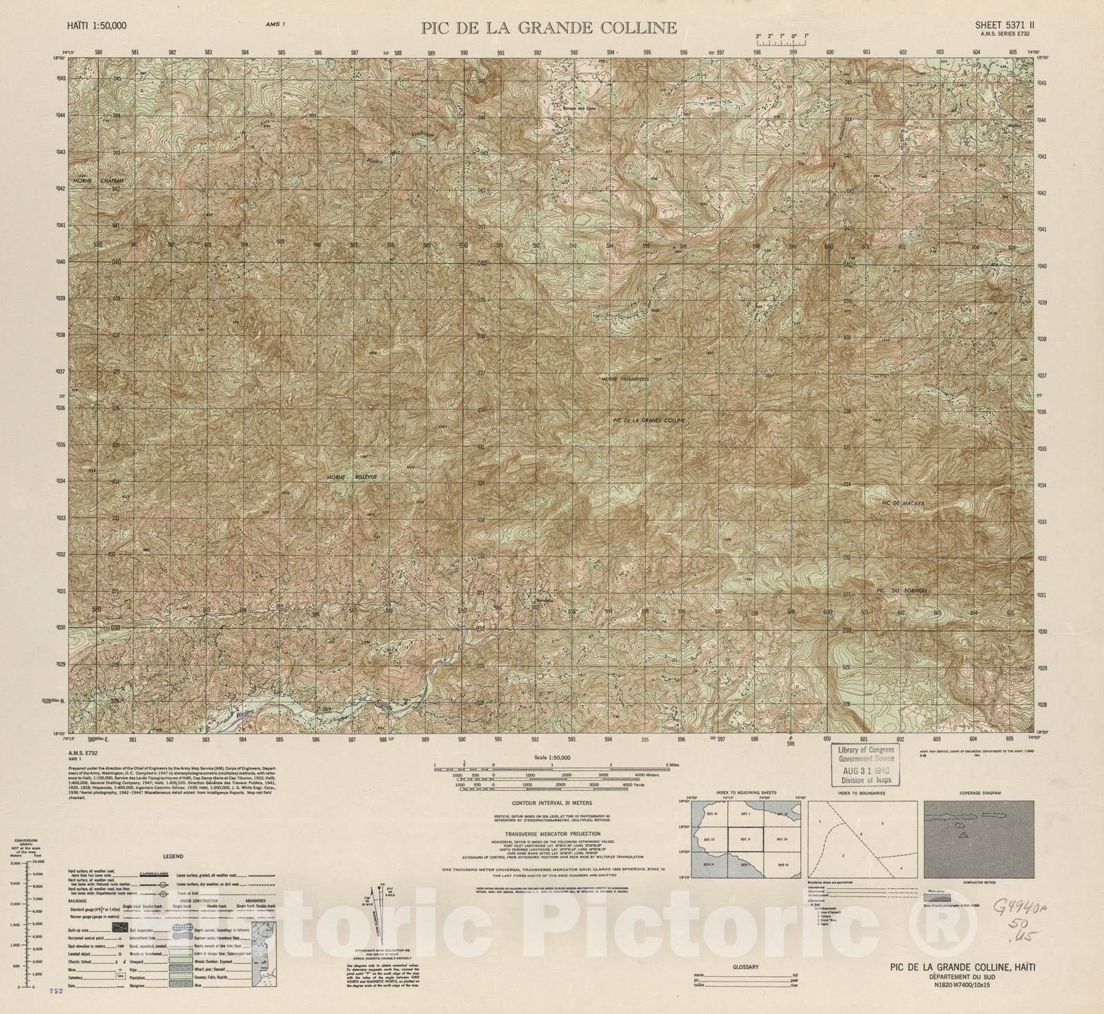 Historic 1948 Map - Haiti 1:50,000. - Pic De La Grane Colline, Sheet 5371 II - 1 ed.