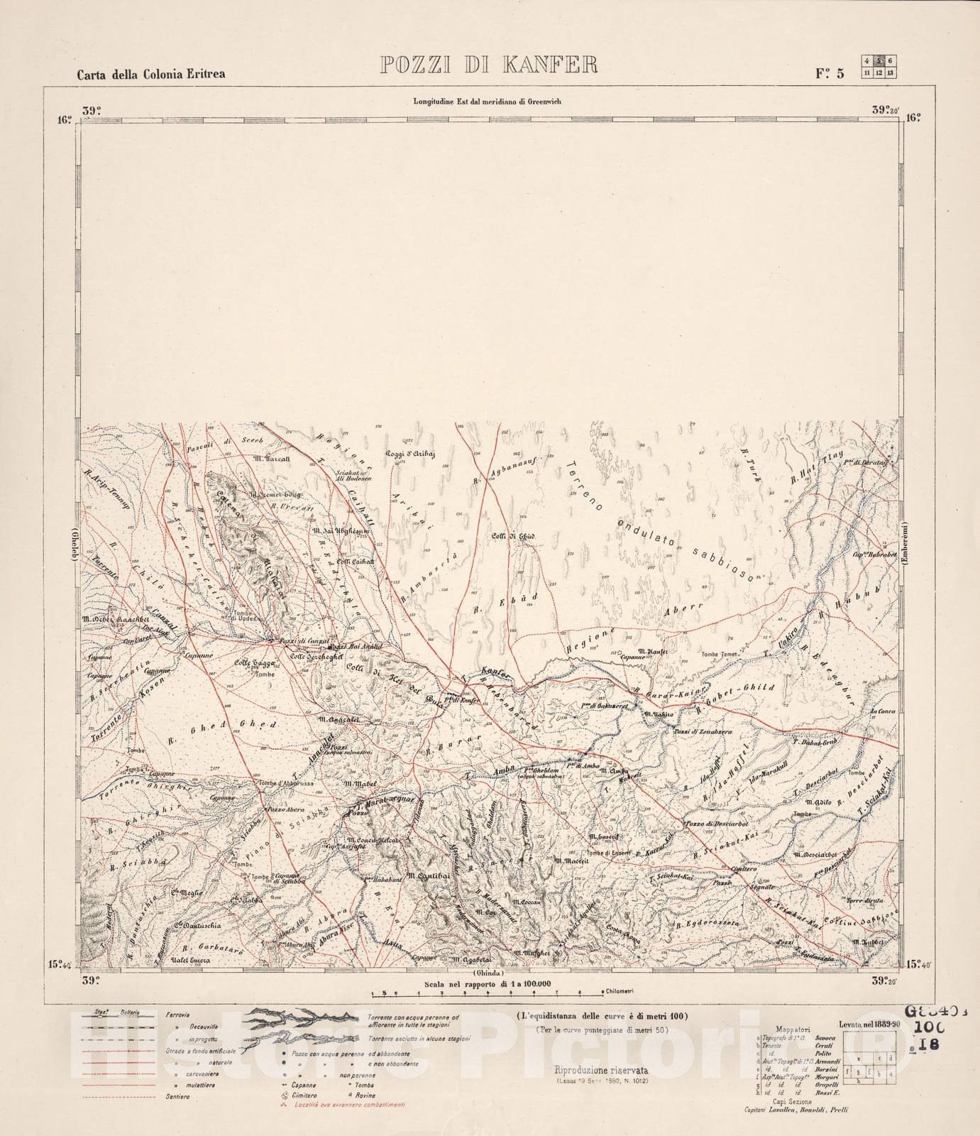 Historic 1889 Map - Carta Della Colonia Eritrea. - Pozzi di Kanfer - F.5-1882