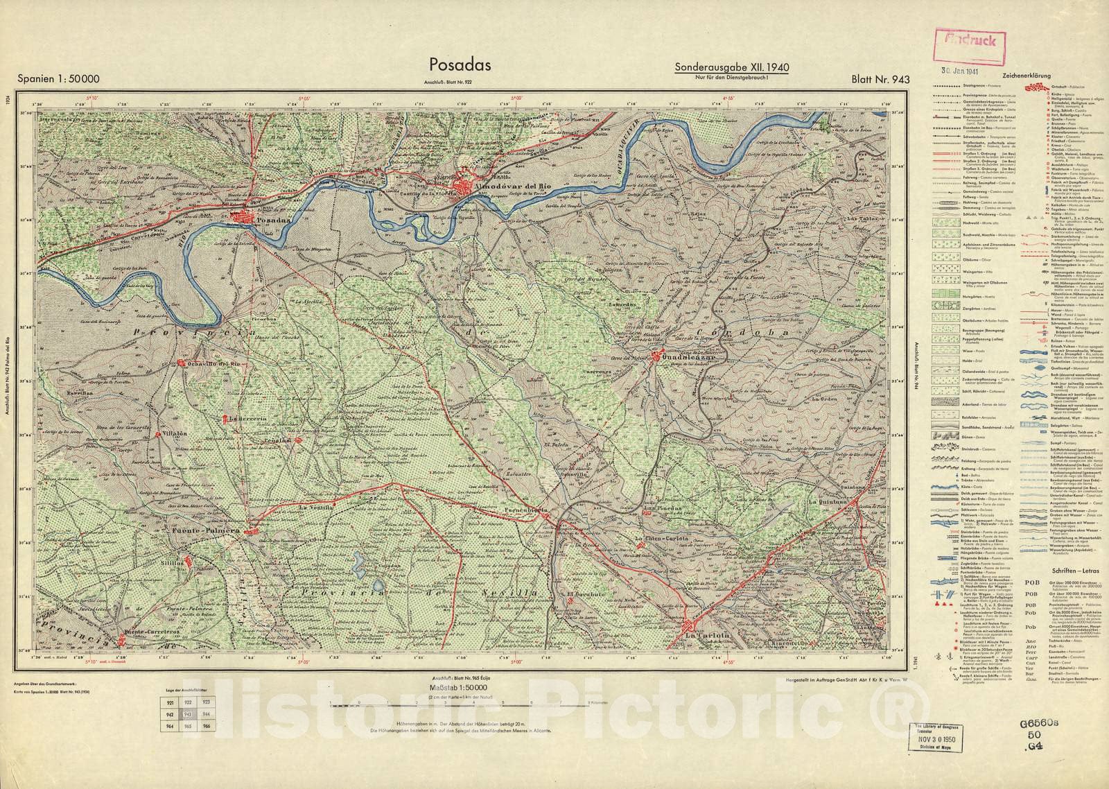 Historic 1940 Map - Spanien 1:50 000 - Posadas, Sonderausgabe XII