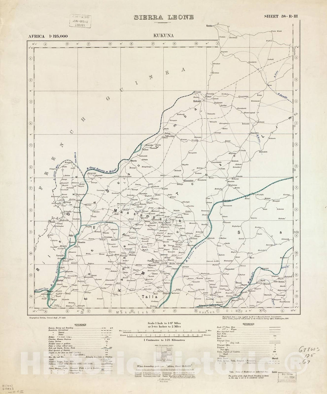 Historic 1910 Map - Africa 1:125,000 Sierra Leone. - Kukuna Sheet 58-R-III