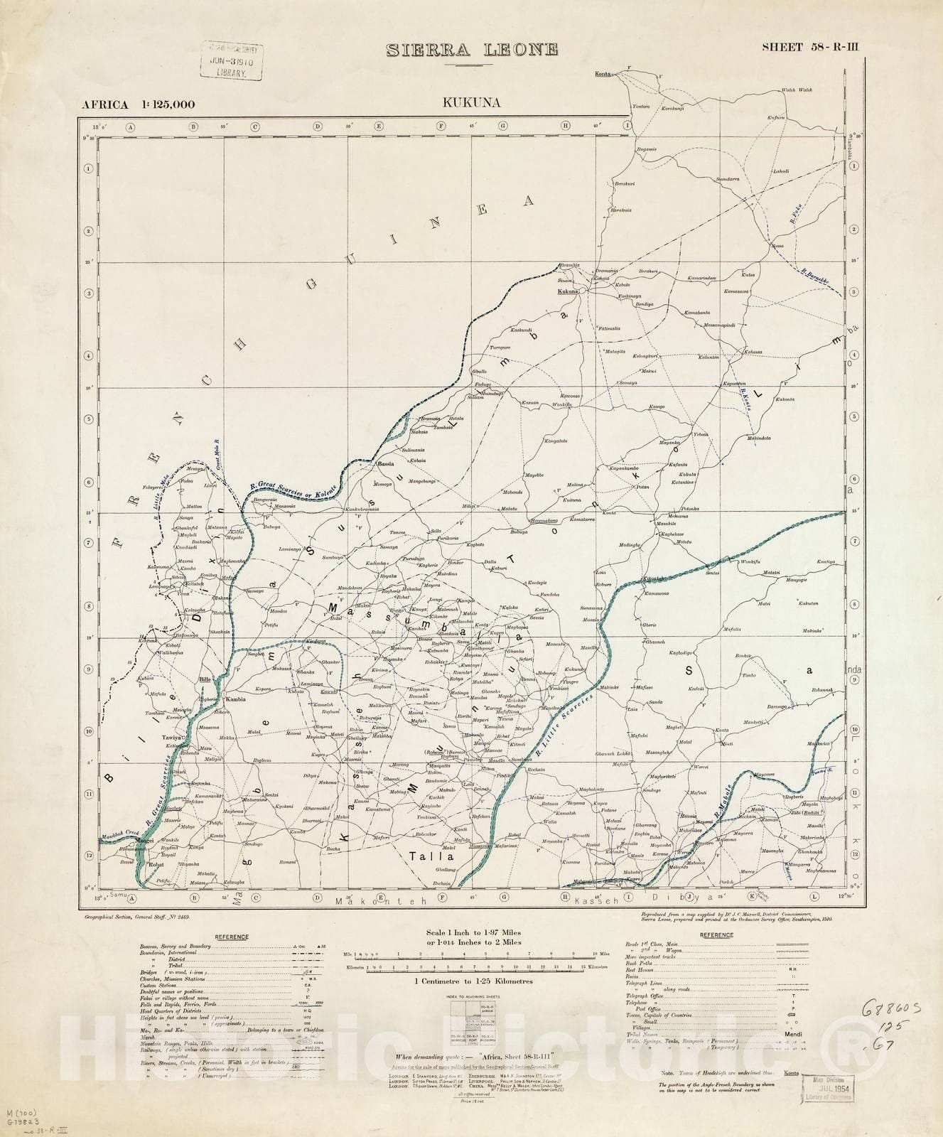 Historic 1910 Map - Africa 1:125,000 Sierra Leone. - Kukuna Sheet 58-R-III