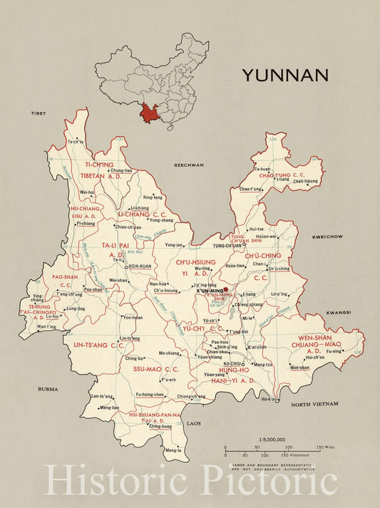 Historic 1969 Map - China, Administrative divisions. - Yunnan