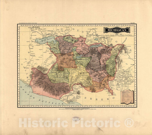 Historic 1884 Map - Atlas Mexicano. - Michoacan