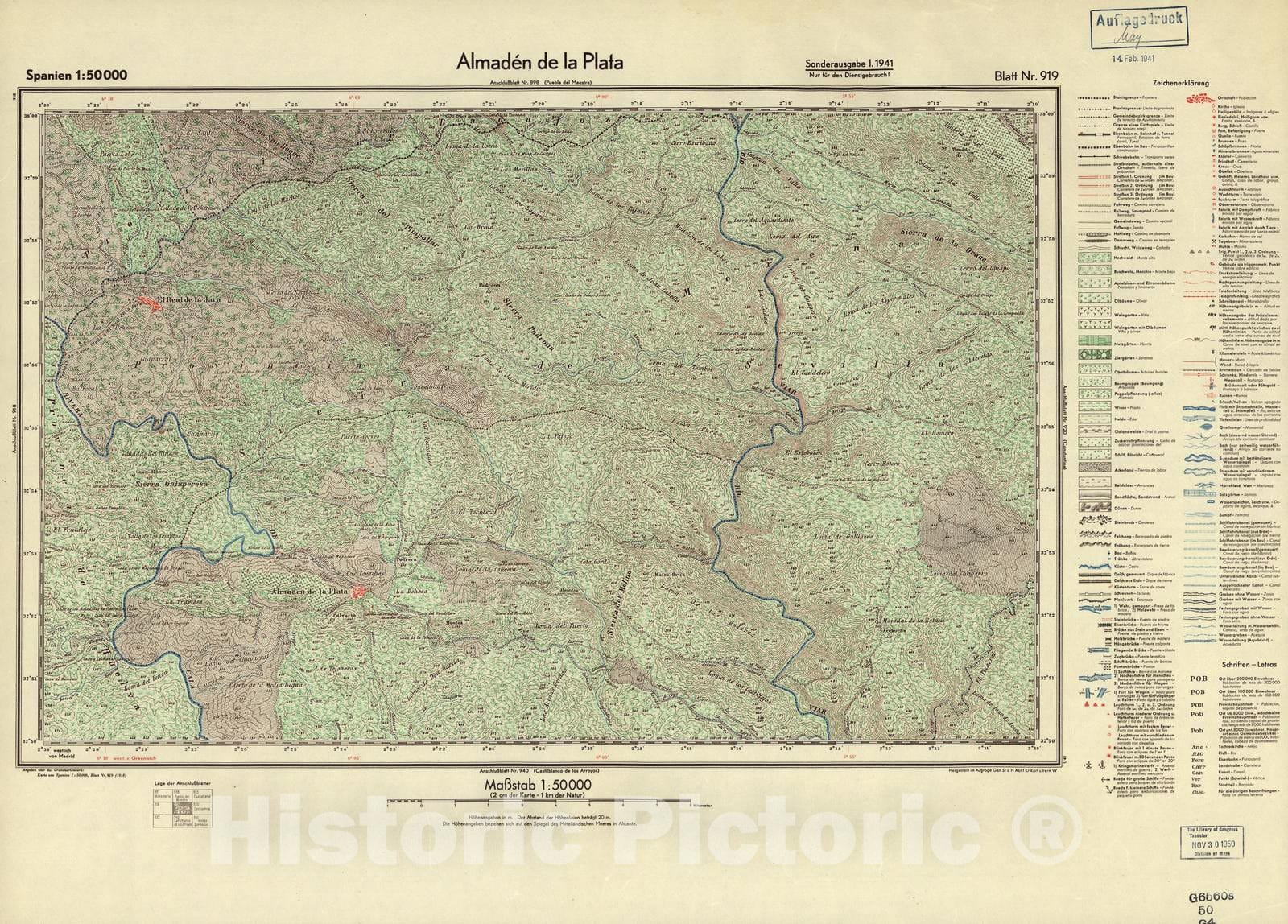 Historic 1940 Map - Spanien 1:50 000 - Almaden de la Plata, Sounderausgabe 1.