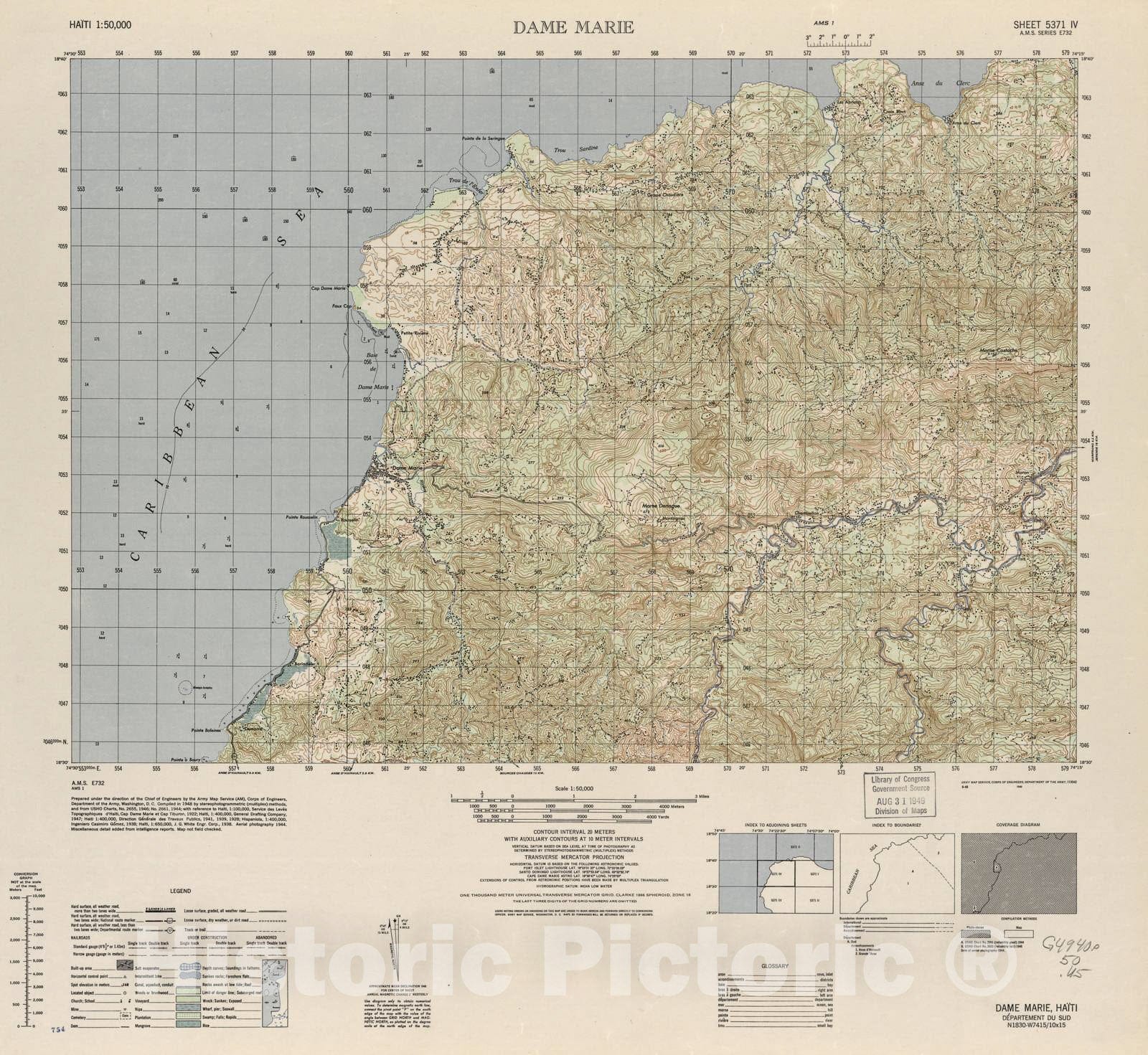Historic 1948 Map - Haiti 1:50,000. - Dame Marie, Sheet 5371 IV - 1 ed.
