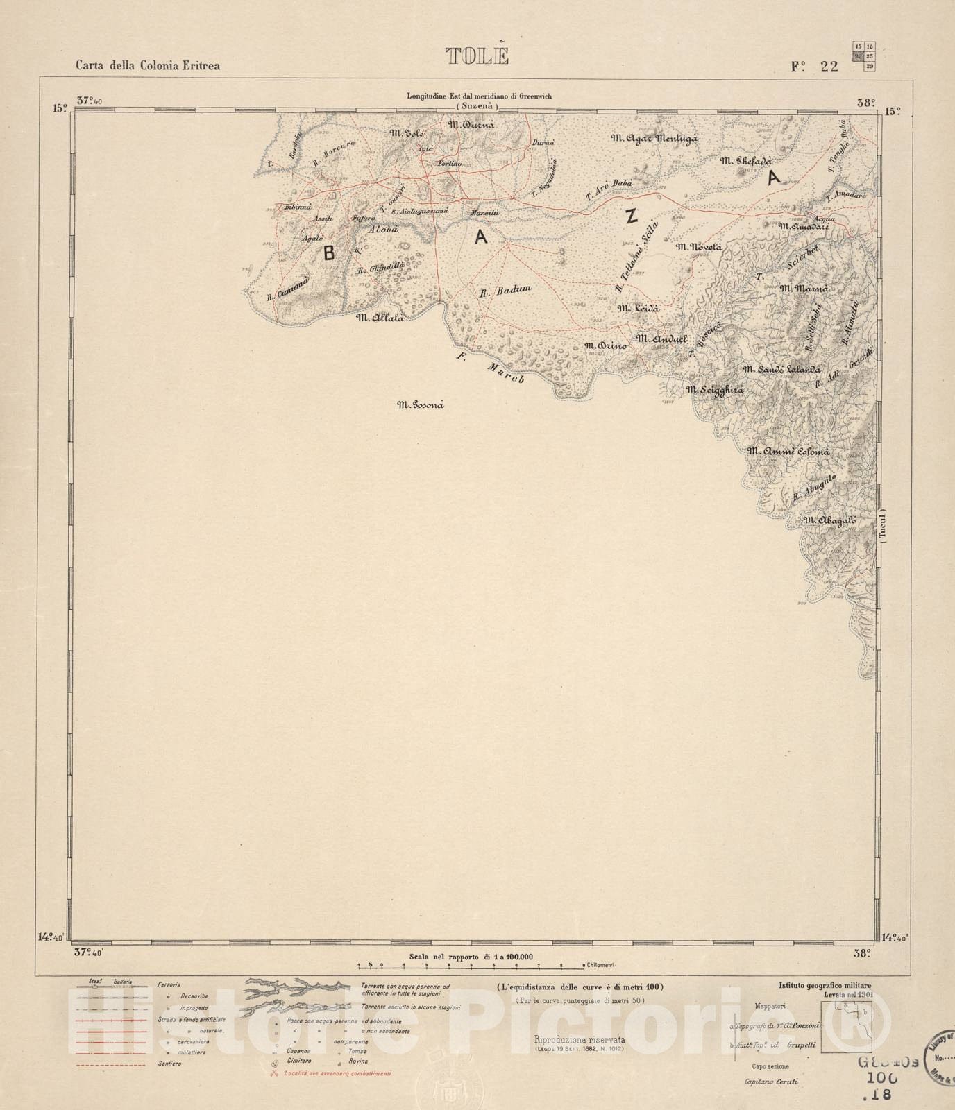 Historic 1889 Map - Carta Della Colonia Eritrea. - Tole - F.22-1882