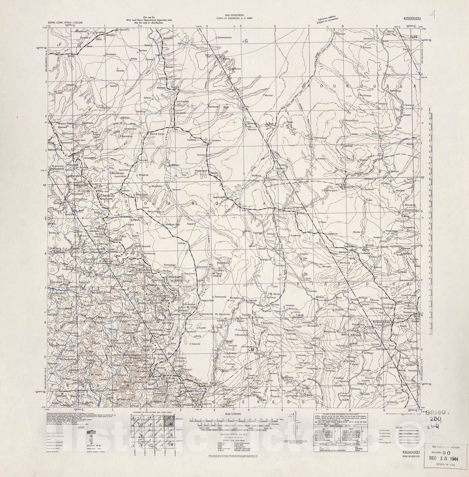 Historic 1942 Map - Sierra Leone, Africa - 1:250,000 - Kissidugu - Adv. ed.