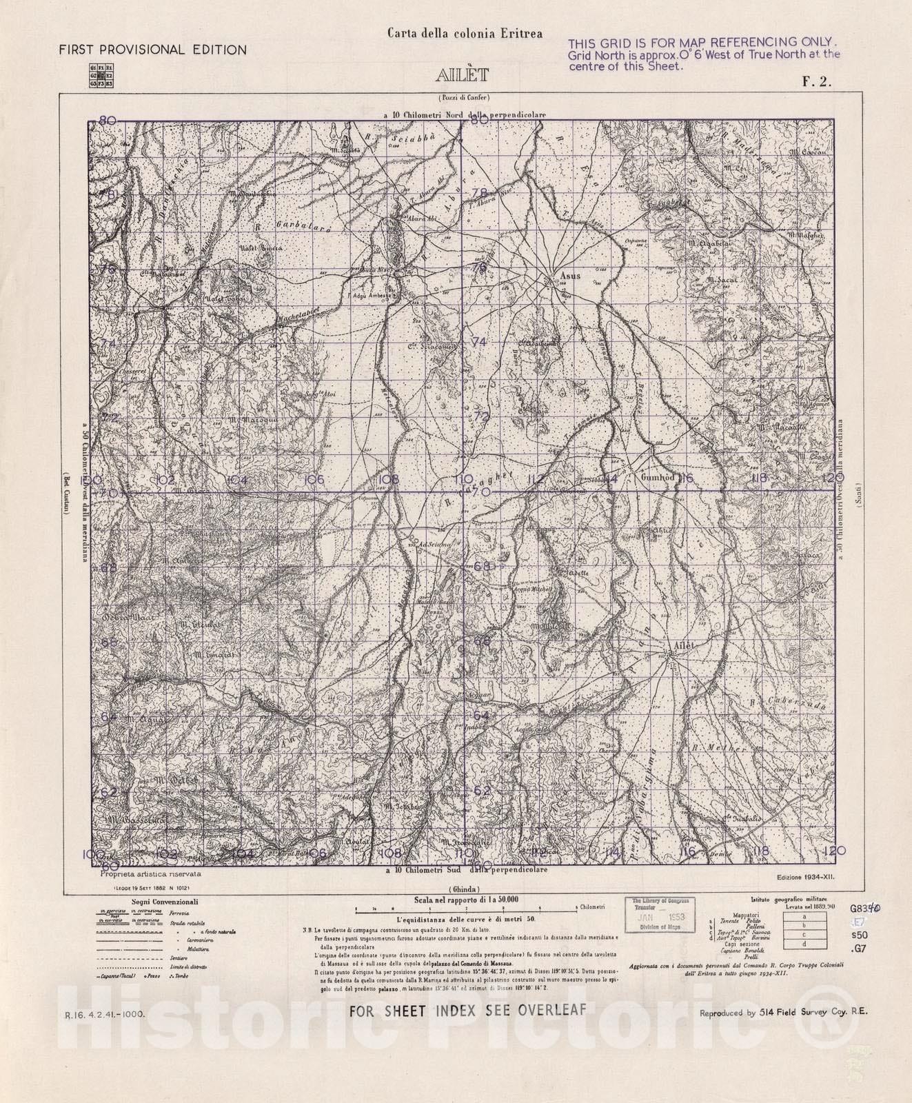 Historic 1941 Map - Carta Della Colonia Eritrea - Ailet