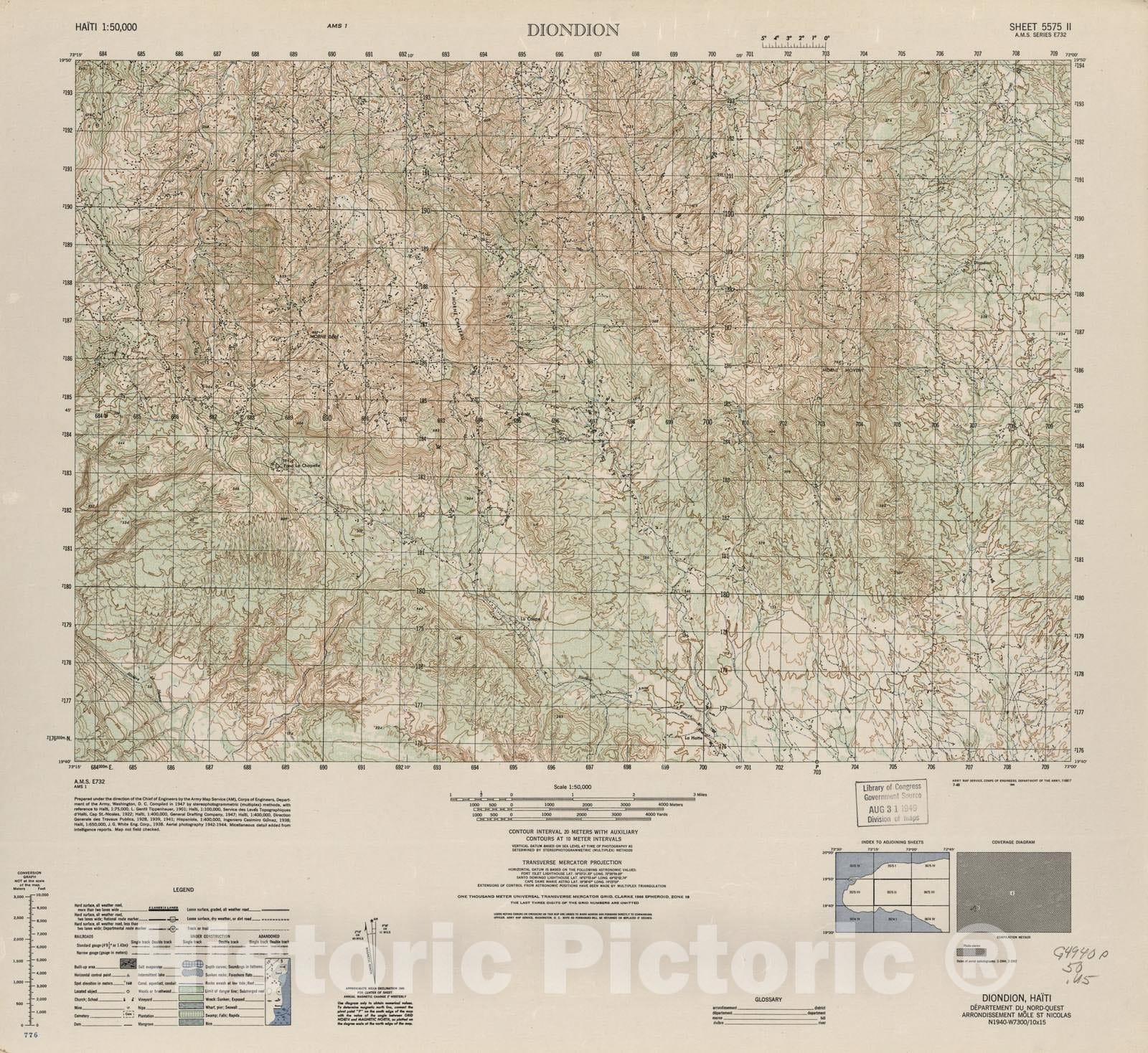 Historic 1948 Map - Haiti 1:50,000. - Diondion, Sheet 5575 II - 1 ed.
