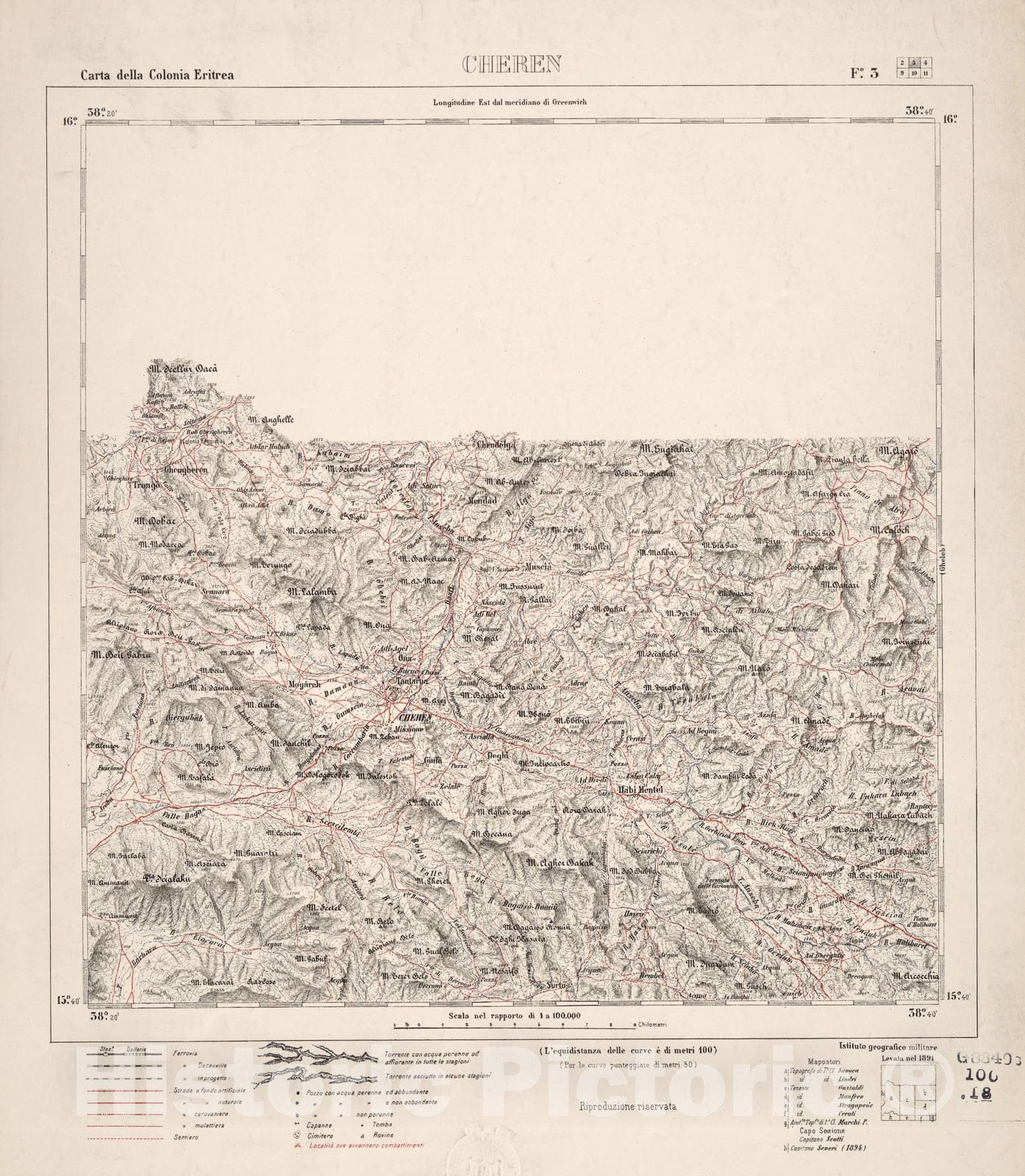 Historic 1889 Map - Carta Della Colonia Eritrea. - Cheren - F.3-1882